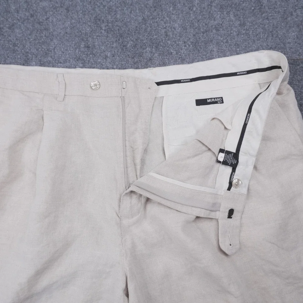 Murano 100% Linen Trousers Mens 48x30 Beige Pleated Straight Leg Pants